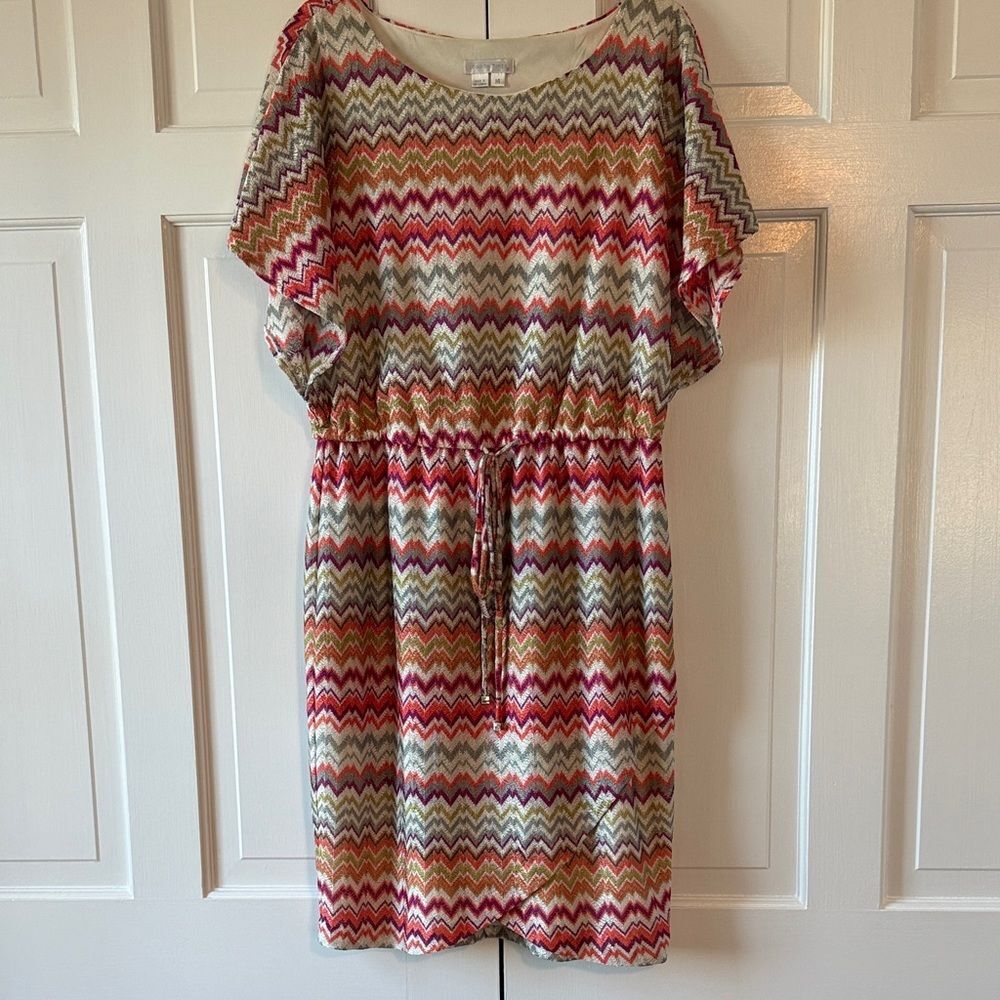 London Times Colorful Chevron Dress Autumn Tan Orange Green Size 14
